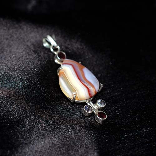 925 Sterling Silver Banded Agate Multi-Gem Pendant