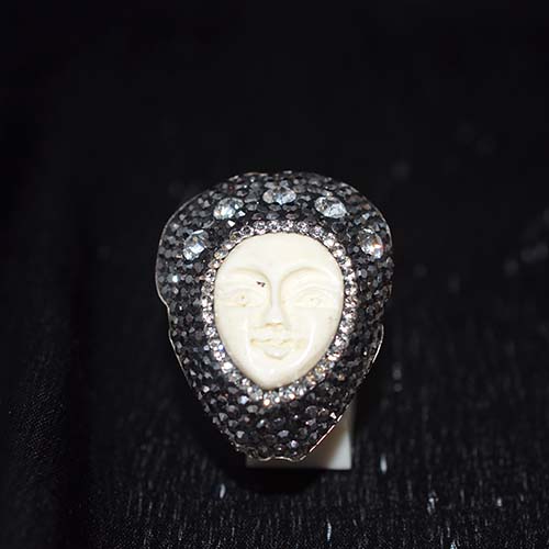 925 Sterling Silver Carved Moon Face Pave Ring
