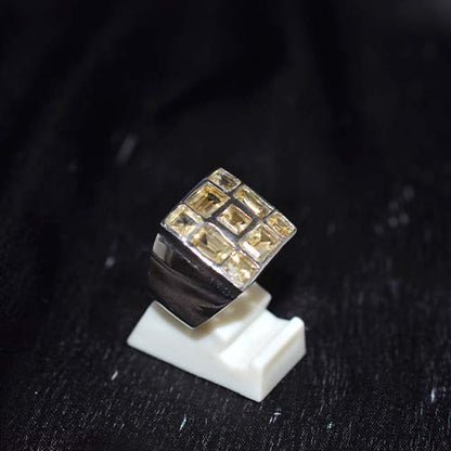 925 Sterling Silver Yellow Citrine Six Rectangle Motif Ring