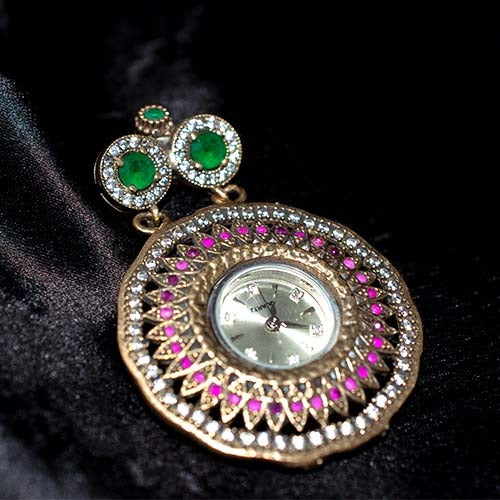 6 Carat Gold Plated Emerald and Ruby-Inspired Dial Pendant