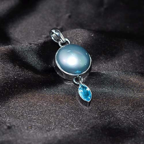 925 Sterling Silver Blue Pearl and Topaz Drop Pendant
