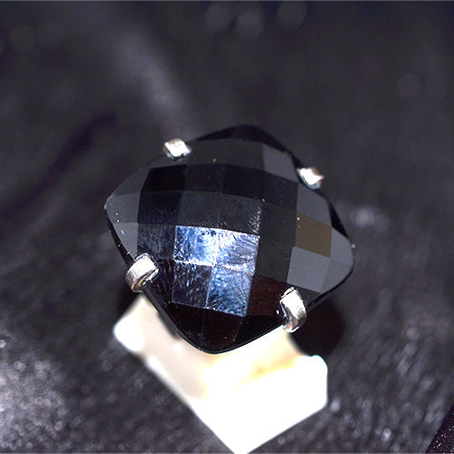 925 Sterling Silver Black Onyx Cushion Faceted Ring