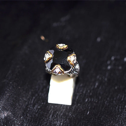 925 Sterling Silver Turkish Black Onyx Ornate Ring with Gold-Tone Accents