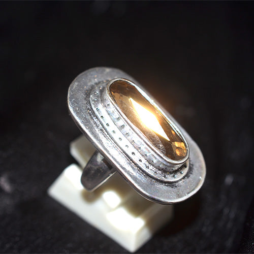 925 Sterling Silver Turkish Citrine Elongated Bezel Motif Ring