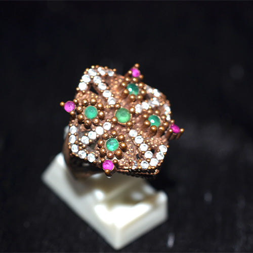 6 Carat Gold Plated Multi-Gemstone Lattice Cluster Ring