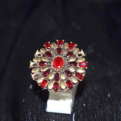 6 Carat Gold Plated Red Gemstone Floral Motif Cocktail Ring