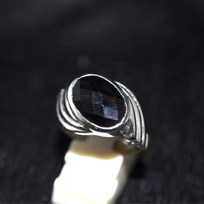 925 Sterling Silver Oval Black Onyx Asymmetrical Sweeping Band Ring