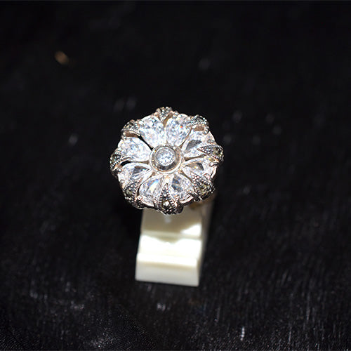 925 Sterling Silver Turkish Crystal and Marcasite Petal Flower Ring