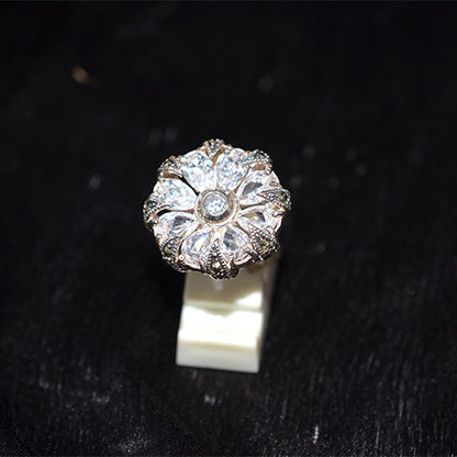 925 Sterling Silver Turkish Crystal and Marcasite Petal Flower Ring