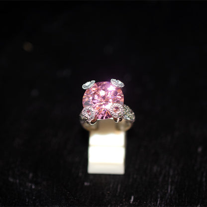 925 Sterling Silver Turkish Large Pink Crystal with Heart Prong Marcasite Ring