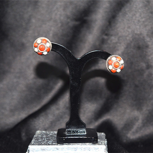 925 Sterling Silver Coral and White Stone Cluster Stud Earrings