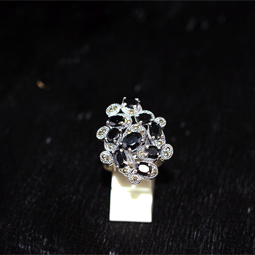 925 Sterling Silver Turkish Black Onyx and Marcasite Swirling Cluster Ring