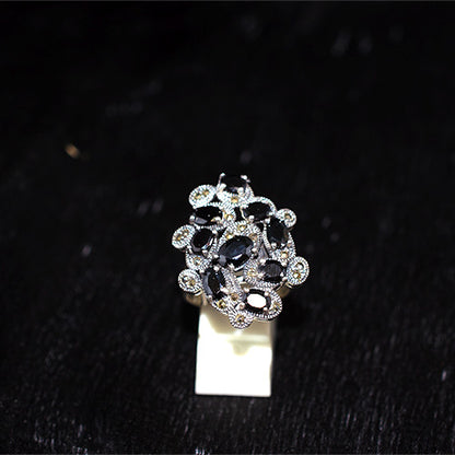 925 Sterling Silver Turkish Black Onyx and Marcasite Swirling Cluster Ring