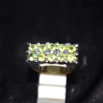 925 Sterling Silver Double Row Peridot Pave Band Ring