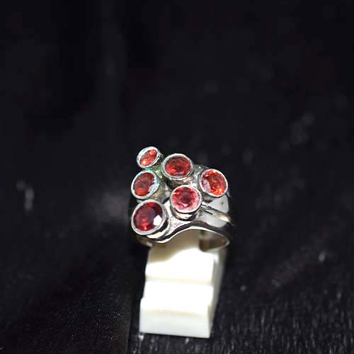 925 Sterling Silver Red Gemstone Six Stone Cluster Ring