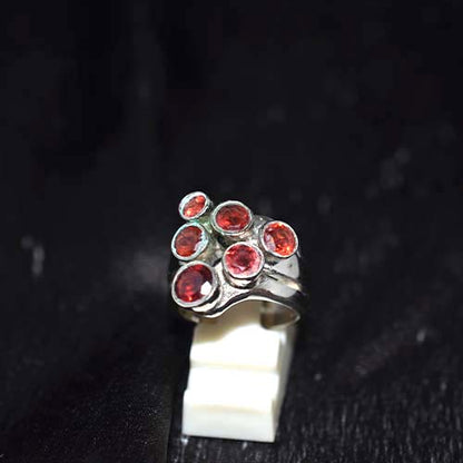 925 Sterling Silver Red Gemstone Six Stone Cluster Ring