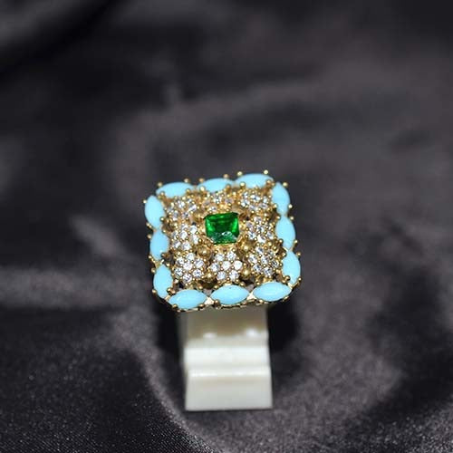 6 Carat Gold Plated Green Emerald Turquoise Cluster Ring