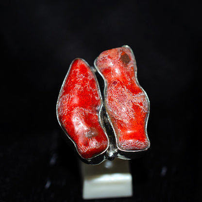 925 Sterling Silver Red Sponge Coral Twin Stone Ring