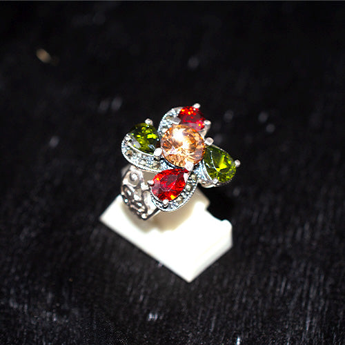 925 Sterling Silver Turkish Multi-Gemstone Clover Motif Ring