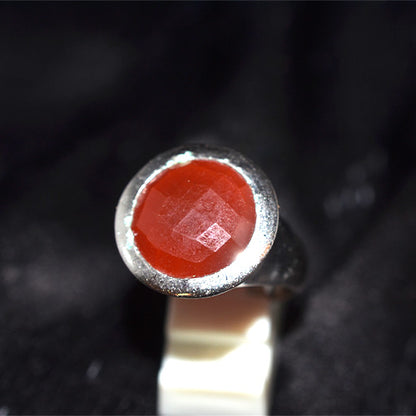 925 Sterling Silver Round Faceted Carnelian Bezel Ring