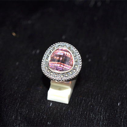 925 Sterling Silver Turkish Trillion-Cut Pink Crystal with Double Marcasite Halo Ring