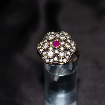 6 Carat Gold Plated Ruby and White Floral Cluster Ring