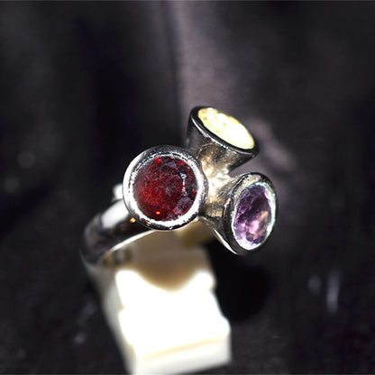 925 Sterling Silver Garnet Amethyst and Citrine Tripod Ring