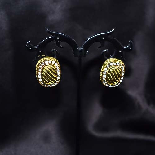 6 Carat Gold Plated Oval Stripe and Crystal Stud Earrings