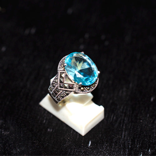 925 Sterling Silver Turkish Blue Topaz and Marcasite Ring with Lattice Shank