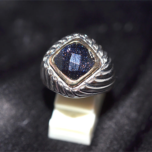 925 Sterling Silver Blue Goldstone Turkish Ring with Gold-Tone Bezel