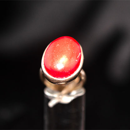 925 Sterling Silver Oval Red Coral Cabochon Ring