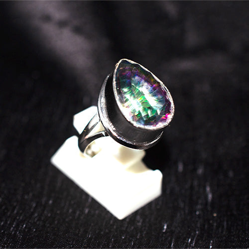 925 Sterling Silver Pear Cut Mystic Topaz Wide Bezel Ring