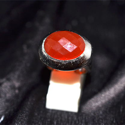 925 Sterling Silver Round Faceted Carnelian Ring with Bold Bezel Setting