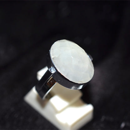 925 Sterling Silver Oval Faceted Rainbow Moonstone Ring