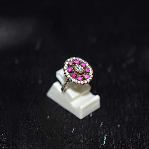 6 Carat Gold Plated Oval Pink Stone Halo Ring