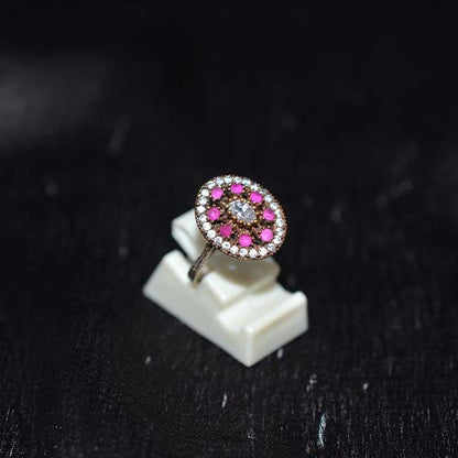 6 Carat Gold Plated Oval Pink Stone Halo Ring