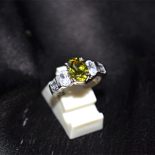 925 Sterling Silver Olive Green Cubic Zirconia Three Stone Ring