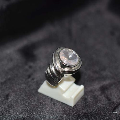 925 Sterling Silver Rose Quartz Ribbed Band Ring