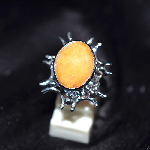 925 Sterling Silver Orange Calcite Sunburst Turkish Ring