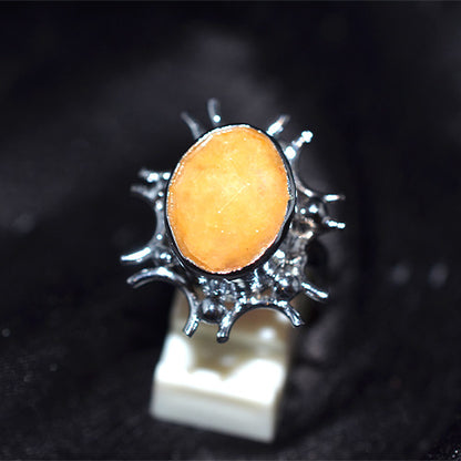 925 Sterling Silver Orange Calcite Sunburst Turkish Ring