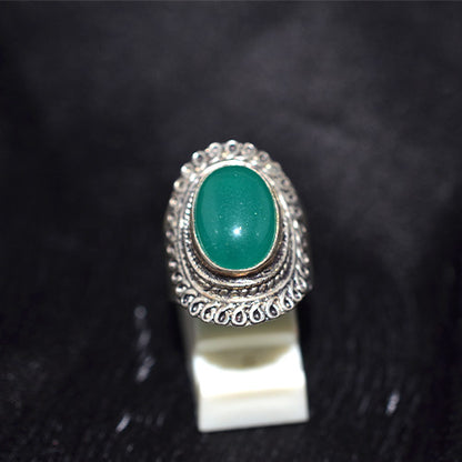 925 Sterling Silver Green Onyx Ring with Intricate Scrollwork Setting