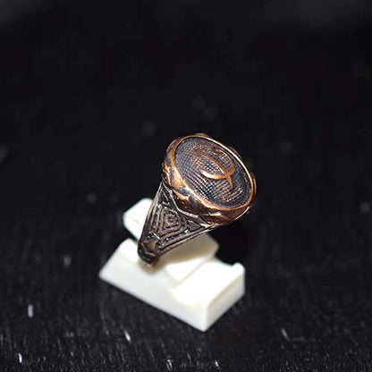 925 Sterling Silver Two-Tone Elif Vav Signet Ring with Geometric Engraved Band