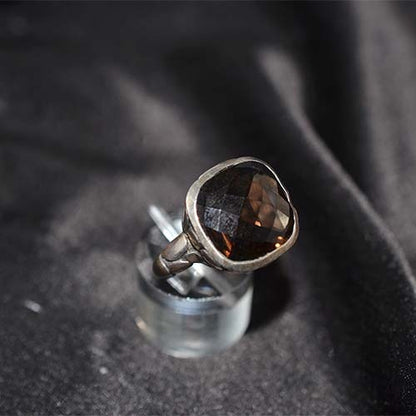 925 Sterling Silver Smoky Quartz Cushion Bezel Ring