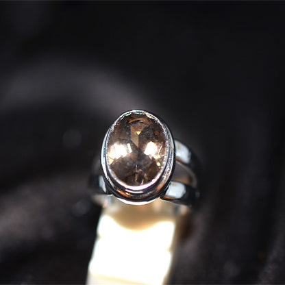 925 Sterling Silver Oval Smoky Quartz Double Band Ring