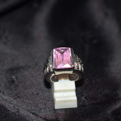 925 Sterling Silver Pink Topaz Engraved Rectangle Ring