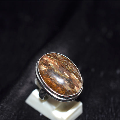 925 Sterling Silver Striped Bronzite Oval Ring