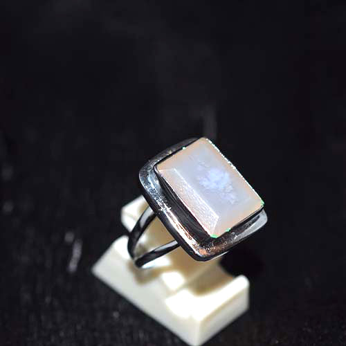 925 Sterling Silver Rectangular Rainbow Moonstone Ring