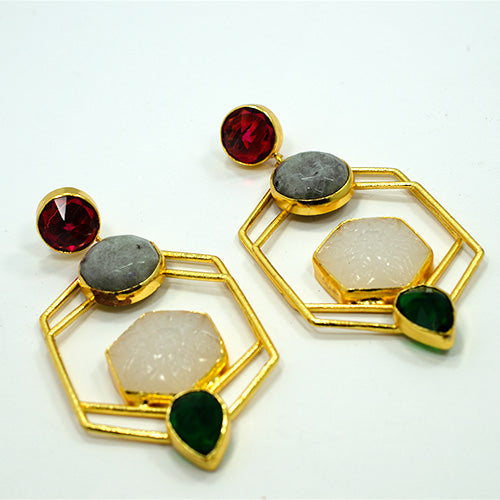 6 Carat Gold Plated Multigem Geometric Drop Earrings