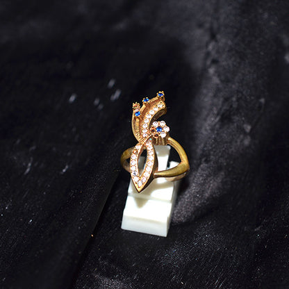 6 Carat Gold Plated Turkish Blue Cubic Zirconia Leaf Design Ring