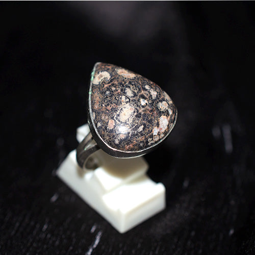 925 Sterling Silver Teardrop Dark Fossil Coral Ring